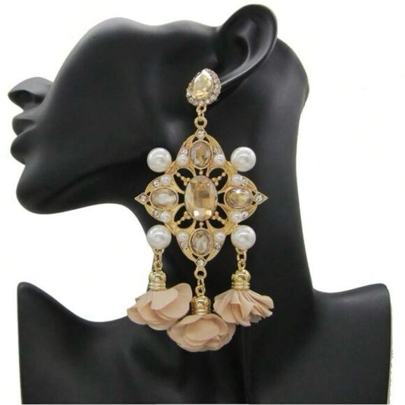 ✨🆕✨ Unique Bold Statement BoHo Flower Rhinestones Tassel Earrings✨ - Picture 6 of 12
